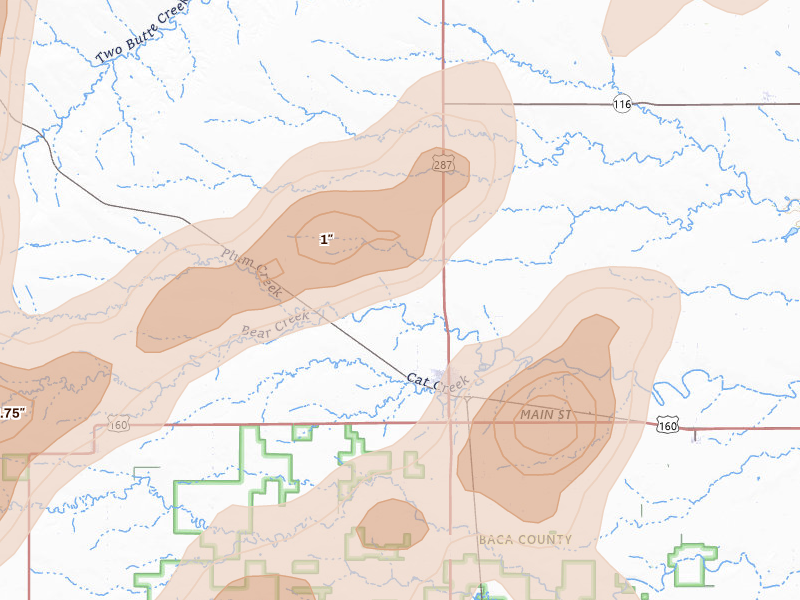 Radar-estimated hail-size map of the storm over Springfield, CO on Aug 15, 2026