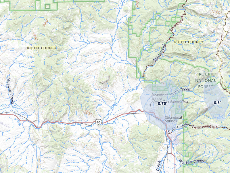 NEXRAD radar-signature map of the hail storm over Steamboat Springs, CO on Jul 23, 2026