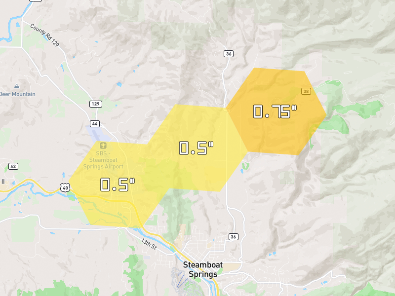 Hail map of Steamboat Springs, CO on Jul 23, 2026, hail up to 0.75"