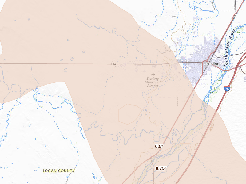 Radar-estimated hail-size map of the storm over Sterling, CO on May 9, 2026