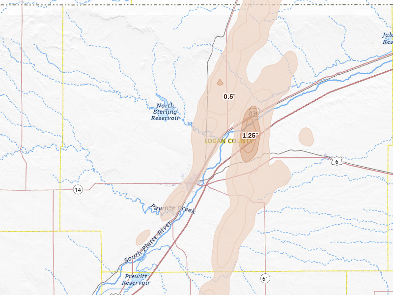 Radar-estimated hail-size map of the storm over Sterling, CO on May 16, 2026