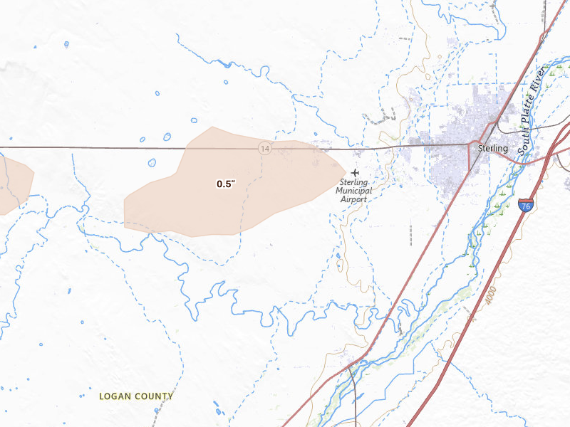 Radar-estimated hail-size map of the storm over Sterling, CO on May 21, 2026