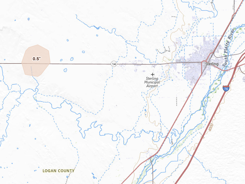 Radar-estimated hail-size map of the storm over Sterling, CO on Jun 1, 2026