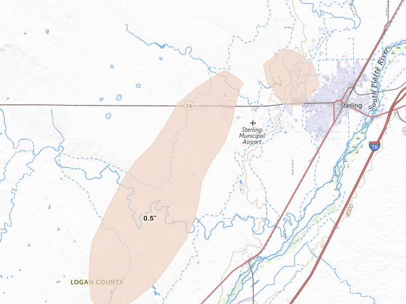 Radar-estimated hail-size map of the storm over Sterling, CO on Jun 8, 2026