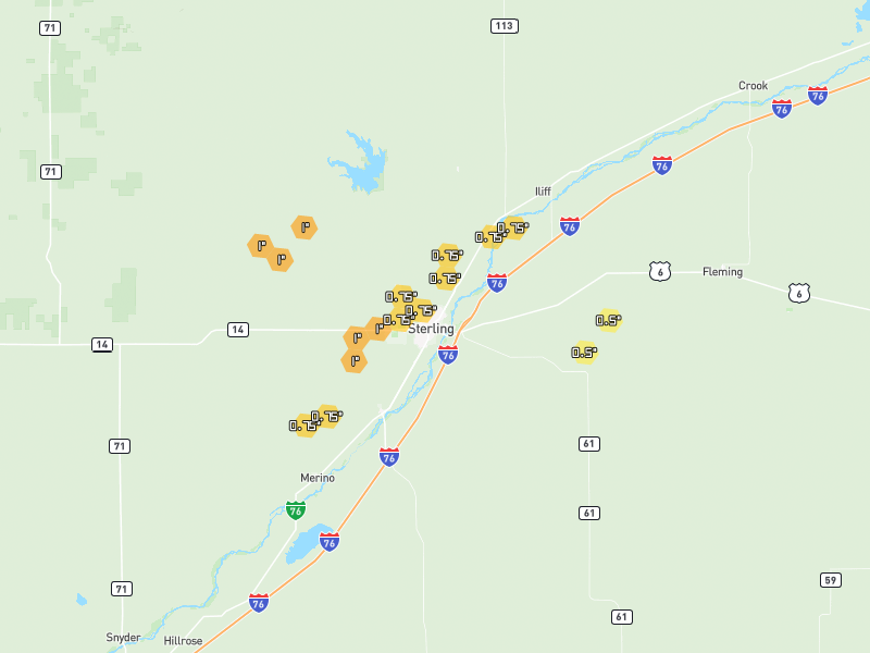Hail map of Sterling, CO on Jun 9, 2026, hail up to 1"