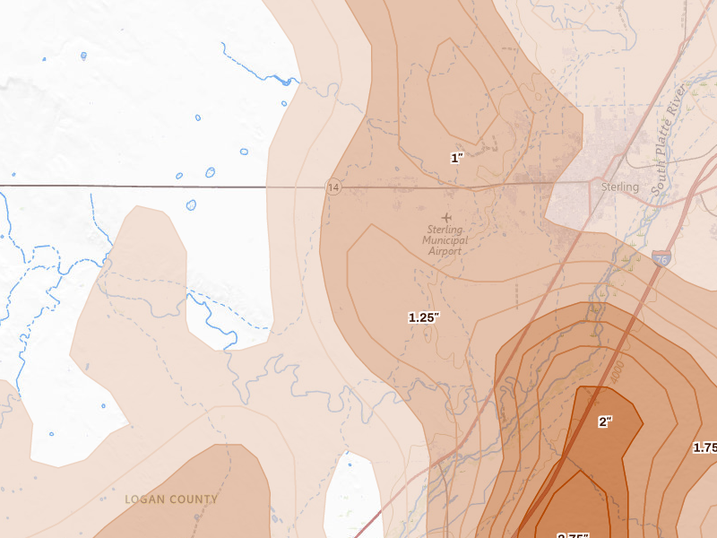 Radar-estimated hail-size map of the storm over Sterling, CO on Jun 22, 2026