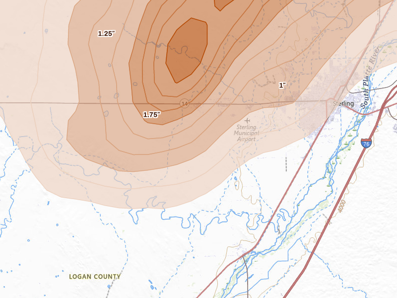 Radar-estimated hail-size map of the storm over Sterling, CO on Jun 30, 2026