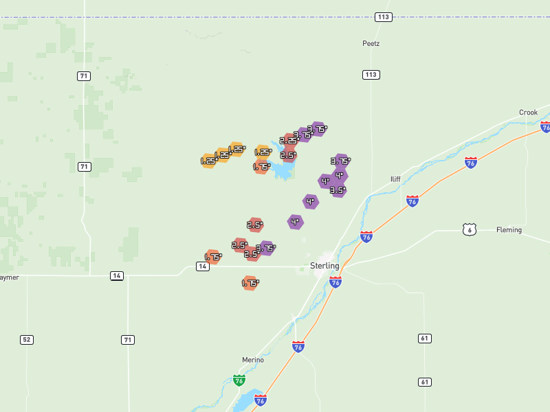 Hail map of Sterling, CO on Jul 1, 2026, hail up to 4"