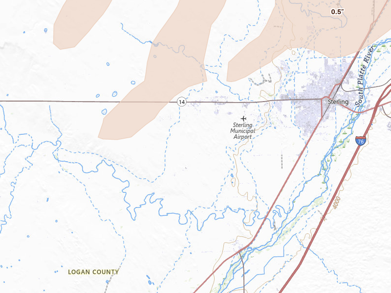 Radar-estimated hail-size map of the storm over Sterling, CO on Jul 2, 2026