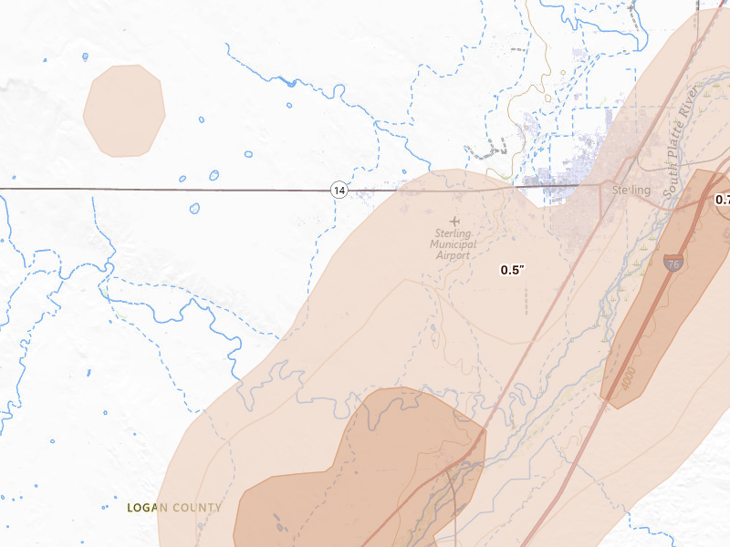 Radar-estimated hail-size map of the storm over Sterling, CO on Jul 22, 2026