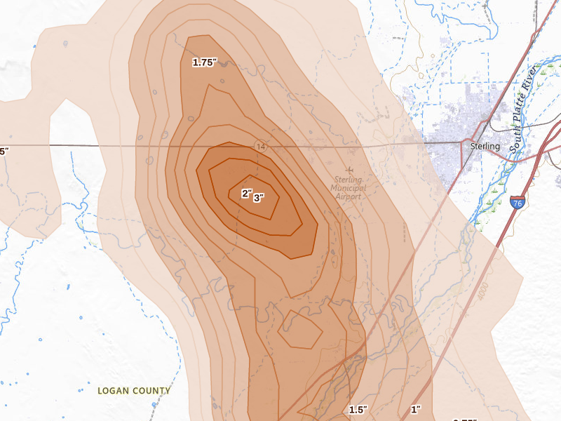Radar-estimated hail-size map of the storm over Sterling, CO on Jul 28, 2026