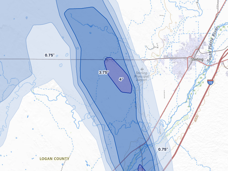 NEXRAD radar-signature map of the hail storm over Sterling, CO on Jul 28, 2026