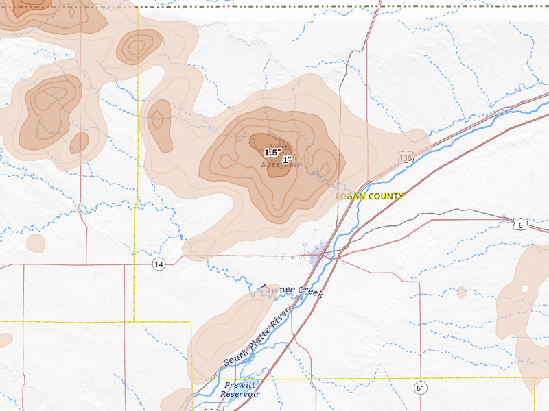 Radar-estimated hail-size map of the storm over Sterling, CO on Aug 12, 2026
