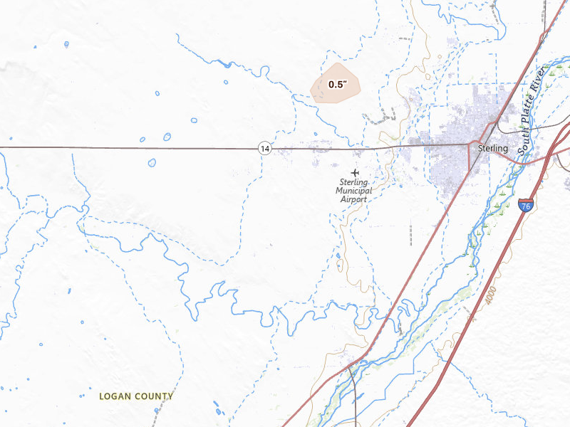 Radar-estimated hail-size map of the storm over Sterling, CO on Aug 14, 2026