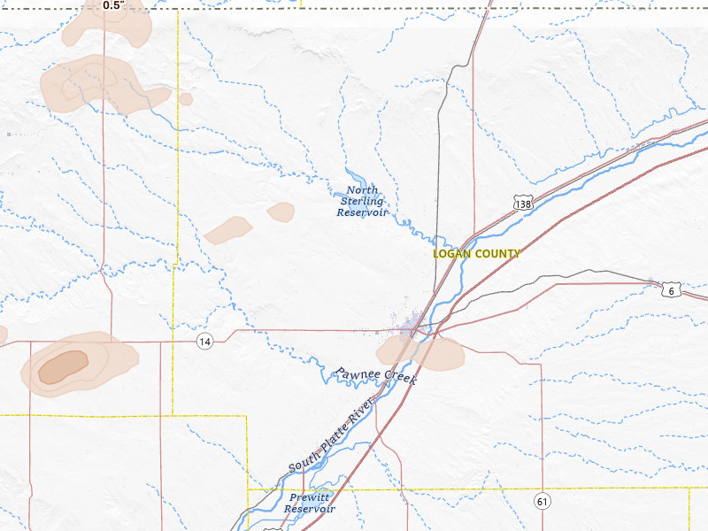 Radar-estimated hail-size map of the storm over Sterling, CO on Aug 15, 2026
