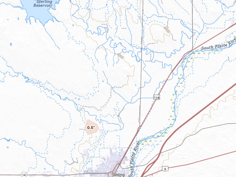 Radar-estimated hail-size map of the storm over Sterling, CO on Aug 25, 2026