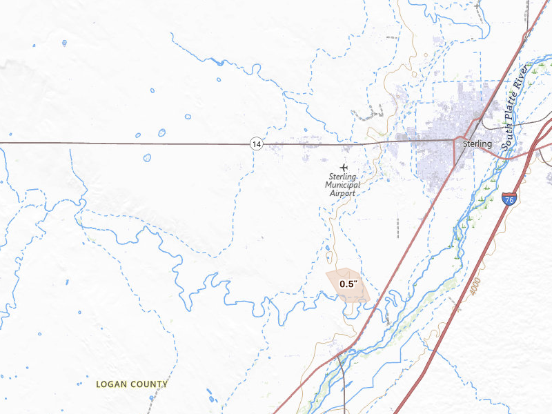 Radar-estimated hail-size map of the storm over Sterling, CO on Aug 26, 2026