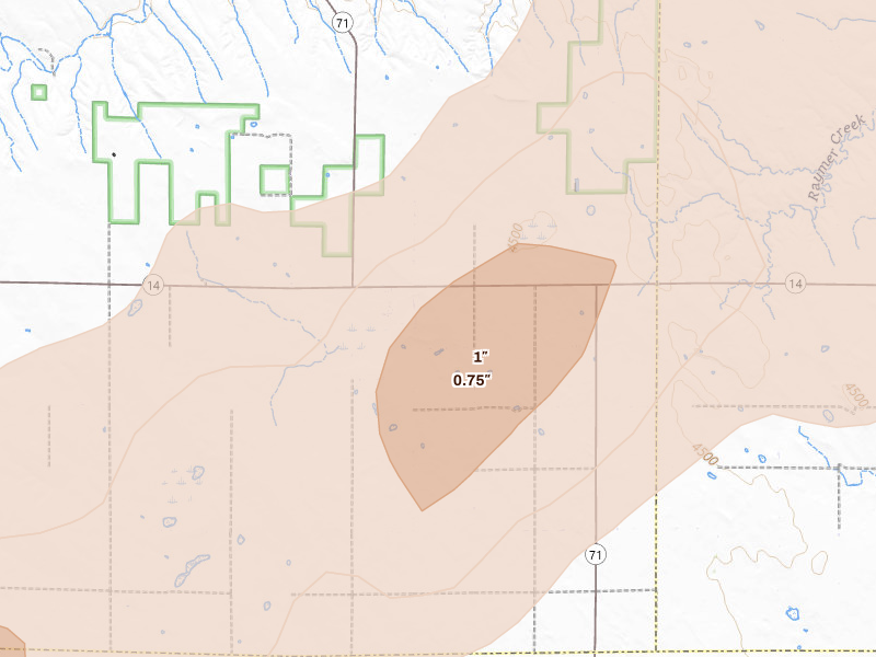 Radar-estimated hail-size map of the storm over Stoneham, CO on Jun 30, 2026