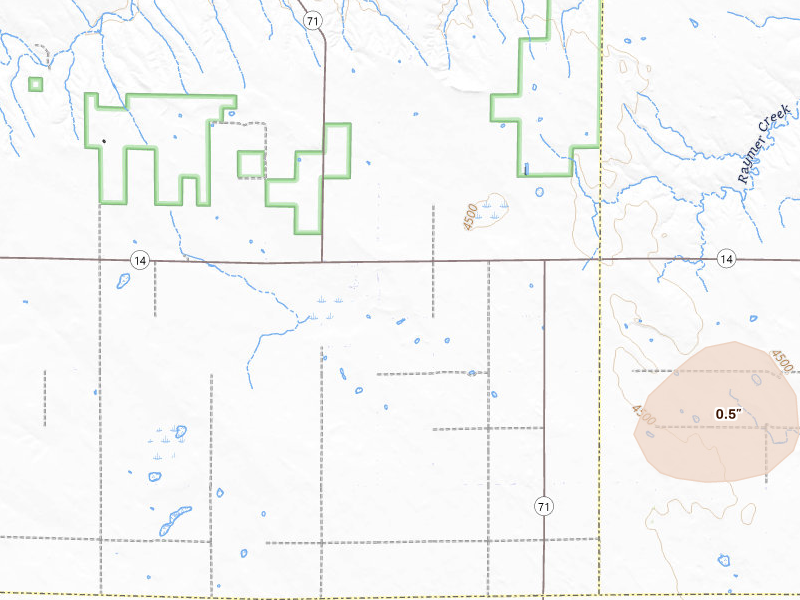 Radar-estimated hail-size map of the storm over Stoneham, CO on Jul 4, 2026