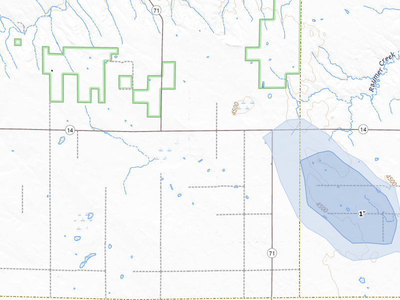 NEXRAD radar-signature map of the hail storm over Stoneham, CO on Jul 4, 2026
