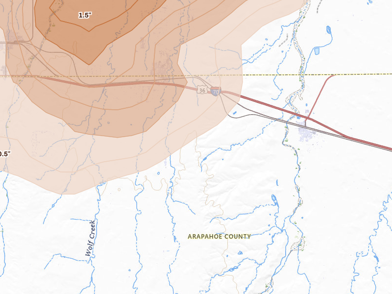 Radar-estimated hail-size map of the storm over Strasburg, CO on Jun 1, 2026