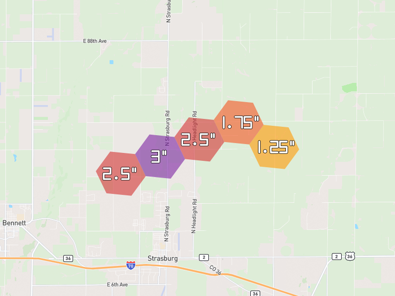 Hail map of Strasburg, CO on Jun 1, 2026, hail up to 3"