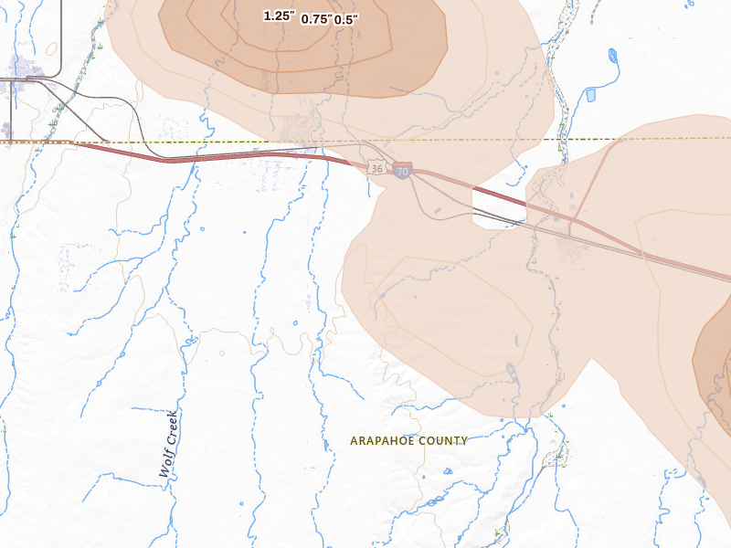 Radar-estimated hail-size map of the storm over Strasburg, CO on Jun 24, 2026