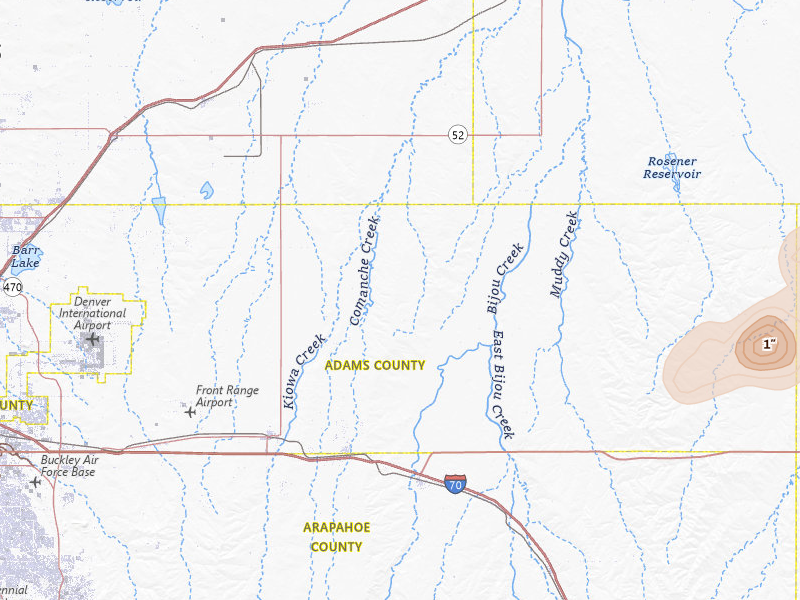 Radar-estimated hail-size map of the storm over Strasburg, CO on Jul 2, 2026