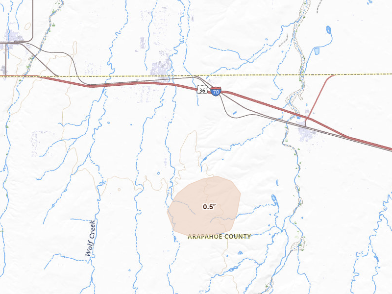 Radar-estimated hail-size map of the storm over Strasburg, CO on Jul 22, 2026