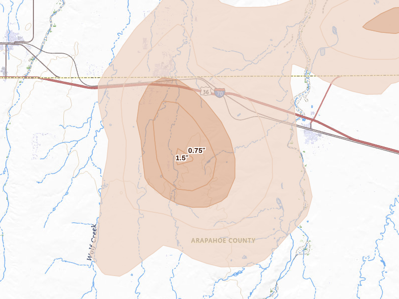 Radar-estimated hail-size map of the storm over Strasburg, CO on Aug 14, 2026