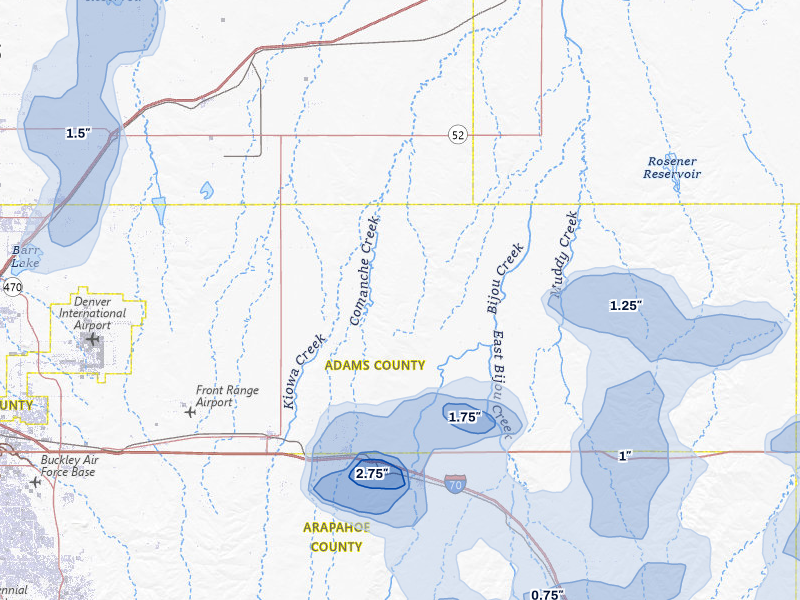 NEXRAD radar-signature map of the hail storm over Strasburg, CO on Aug 14, 2026