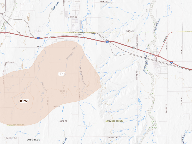 Radar-estimated hail-size map of the storm over Strasburg, CO on Sep 19, 2026