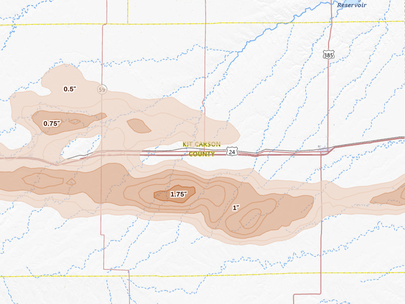 Radar-estimated hail-size map of the storm over Stratton, CO on May 17, 2026