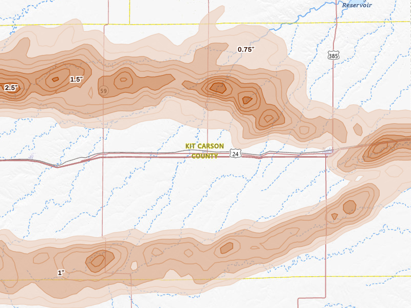 Radar-estimated hail-size map of the storm over Stratton, CO on Jun 8, 2026
