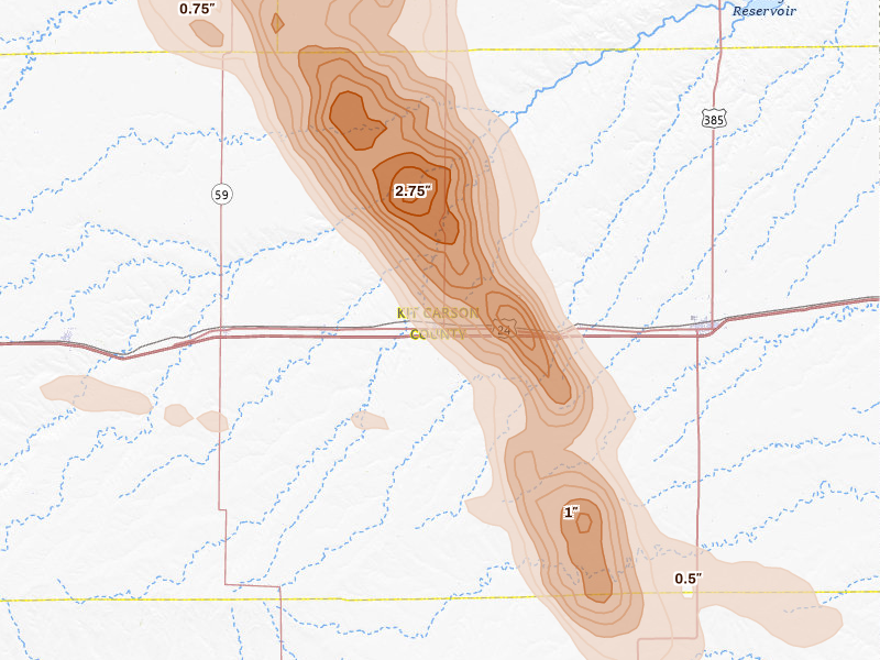 Radar-estimated hail-size map of the storm over Stratton, CO on Jun 22, 2026