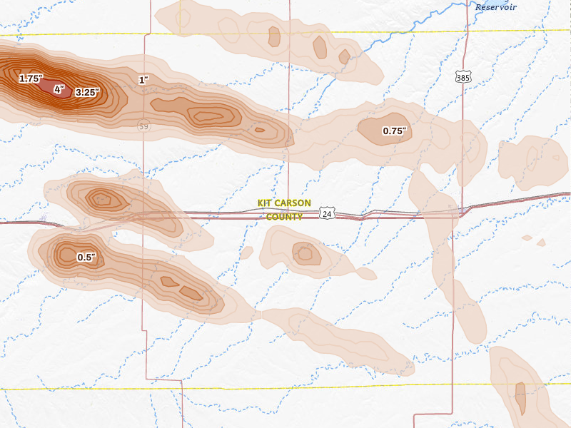Radar-estimated hail-size map of the storm over Stratton, CO on Aug 19, 2026
