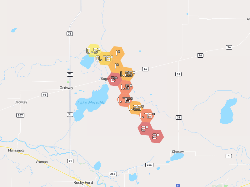 Hail map of Sugar City, CO on Jul 8, 2026, hail up to 2"