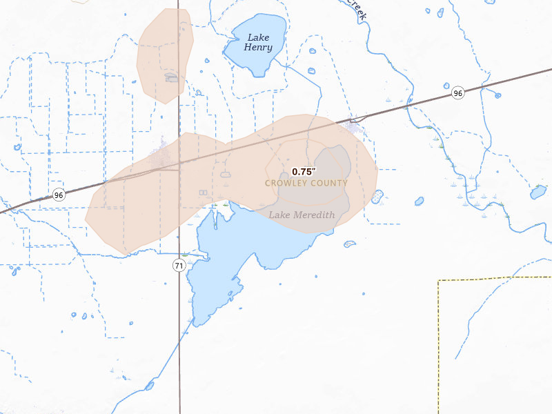 Radar-estimated hail-size map of the storm over Sugar City, CO on Aug 13, 2026