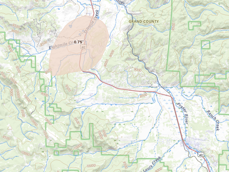 Radar-estimated hail-size map of the storm over Tabernash, CO on Jul 15, 2026