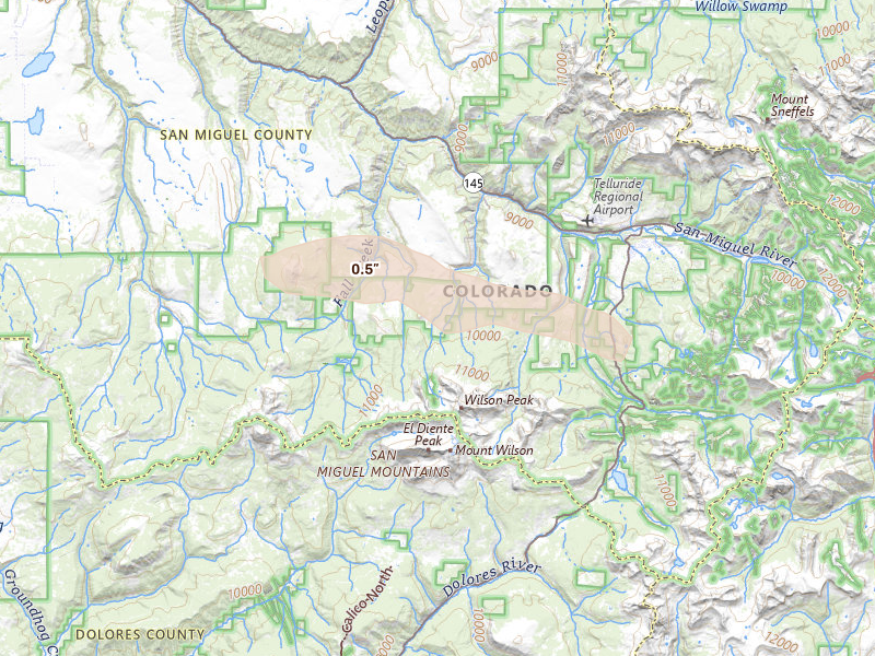 Radar-estimated hail-size map of the storm over Telluride, CO on Jul 20, 2026