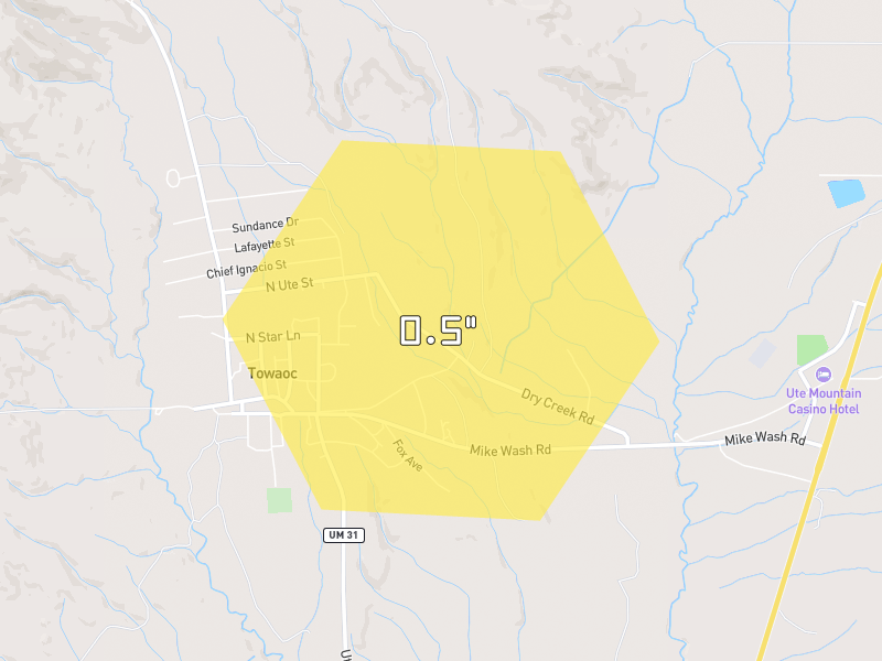 Hail map of Towaoc, CO on Jun 26, 2026, hail up to 0.5"