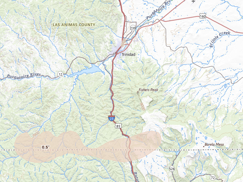 Radar-estimated hail-size map of the storm over Trinidad, CO on Jun 12, 2026