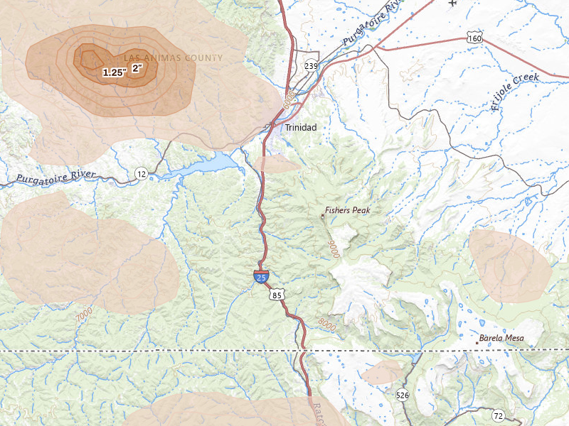 Radar-estimated hail-size map of the storm over Trinidad, CO on Jun 24, 2026