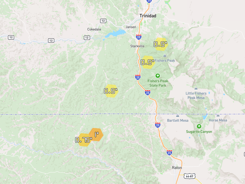 Hail map of Trinidad, CO on Jul 5, 2026, hail up to 1"