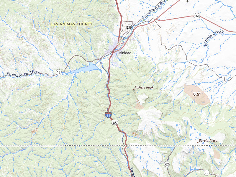 Radar-estimated hail-size map of the storm over Trinidad, CO on Jul 31, 2026
