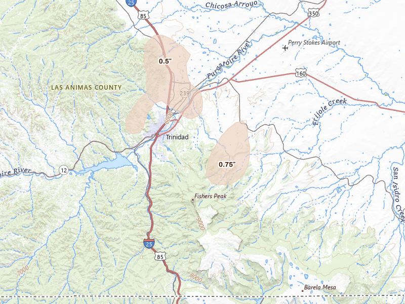 Radar-estimated hail-size map of the storm over Trinidad, CO on Aug 14, 2026