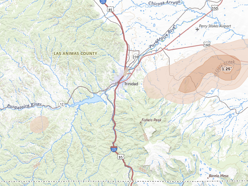 Radar-estimated hail-size map of the storm over Trinidad, CO on Aug 15, 2026
