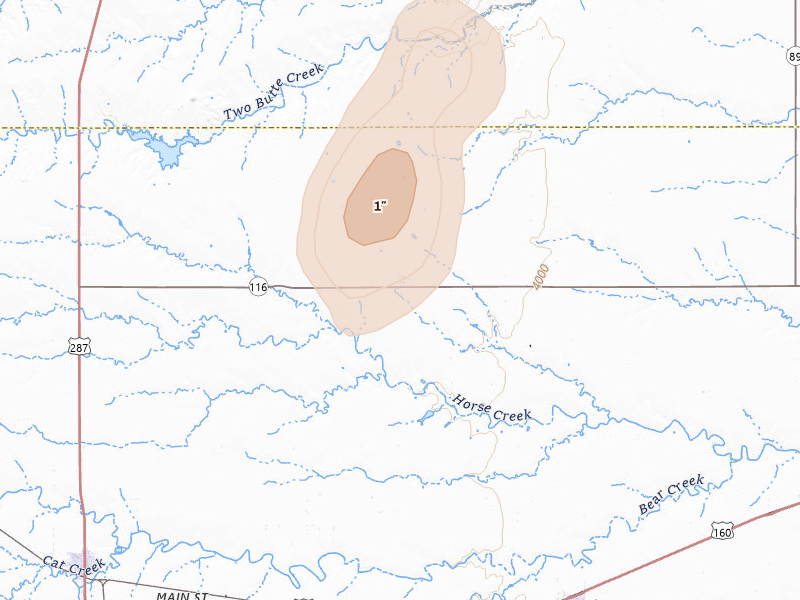 Radar-estimated hail-size map of the storm over Two Buttes, CO on Jun 30, 2026
