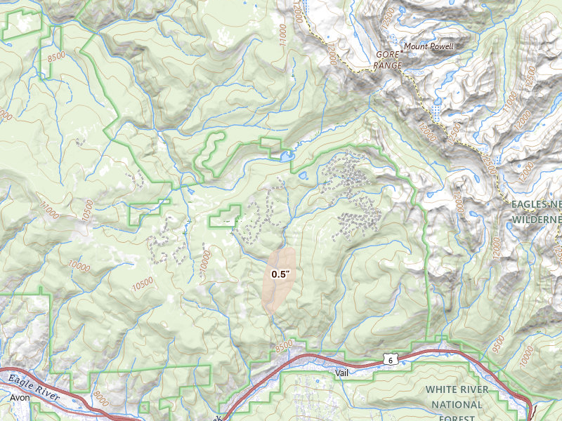 Radar-estimated hail-size map of the storm over Vail, CO on Aug 12, 2026