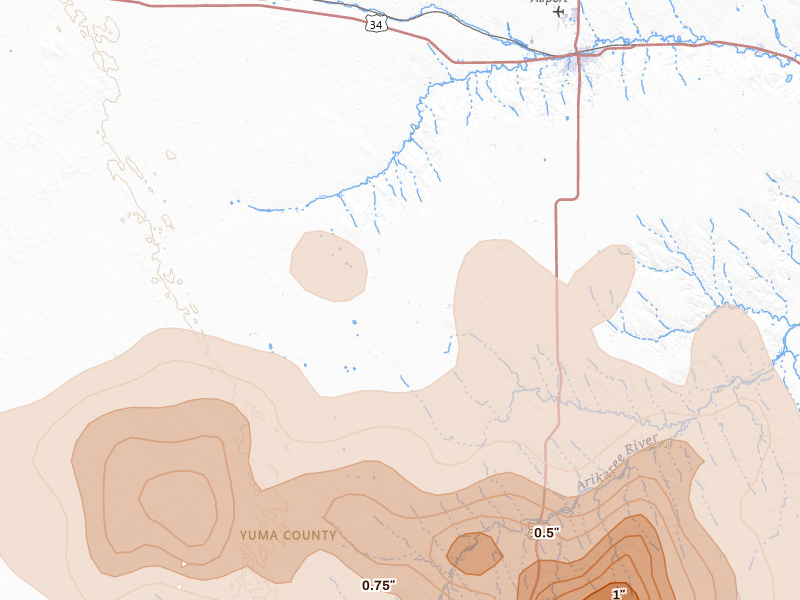 Radar-estimated hail-size map of the storm over Vernon, CO on Jul 2, 2026